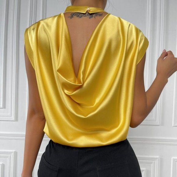 Tops - Yellow Chic Draped Back Button Detail Satin Top mi
